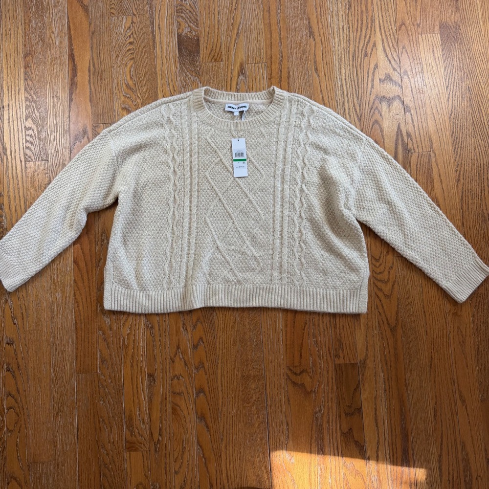 DKNY Jeans Womens Vanilla Gold Metallic Cable Knit Crew Neck Sweater DJ4R0417 L